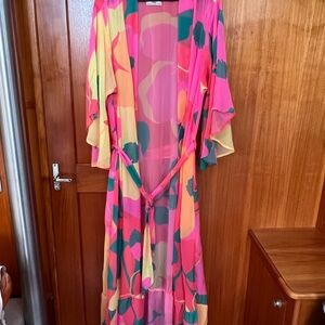 Maaji Tariah Kimono Multicolor Pink and Yellow Floral Swim Cover-Up NWOT